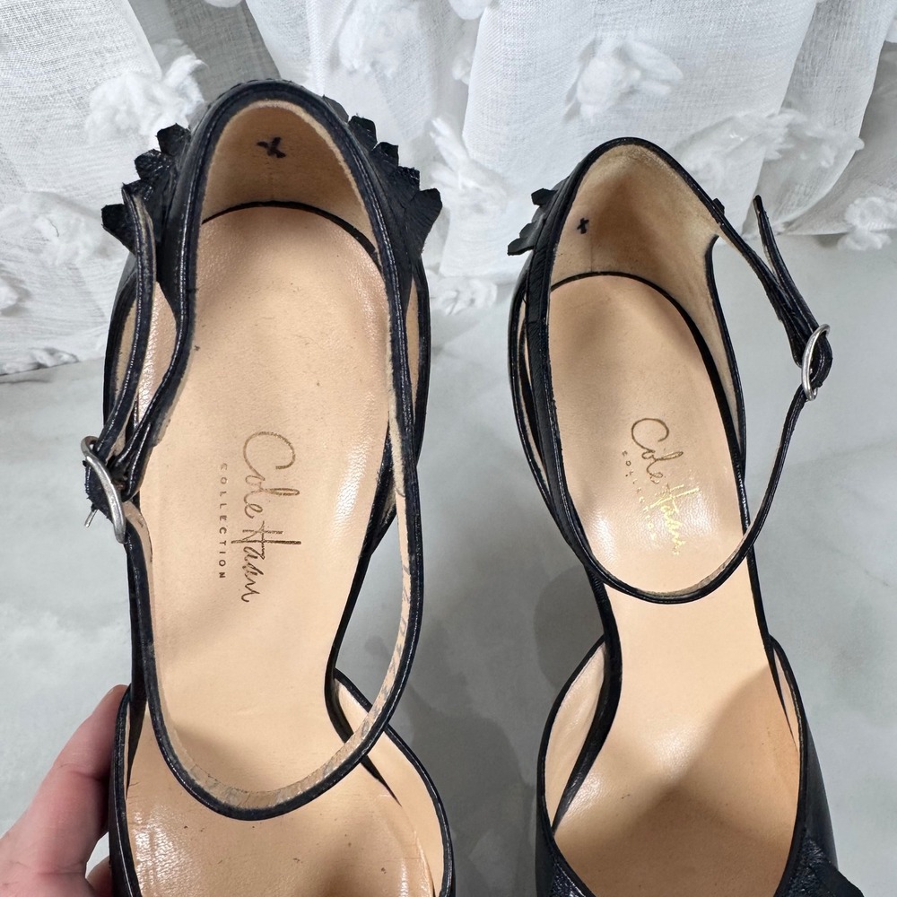Cole Haan Collection Black Fringe Stiletto Heels Ankle Strap Pointed Toe Leather - Picture 5 of 15
